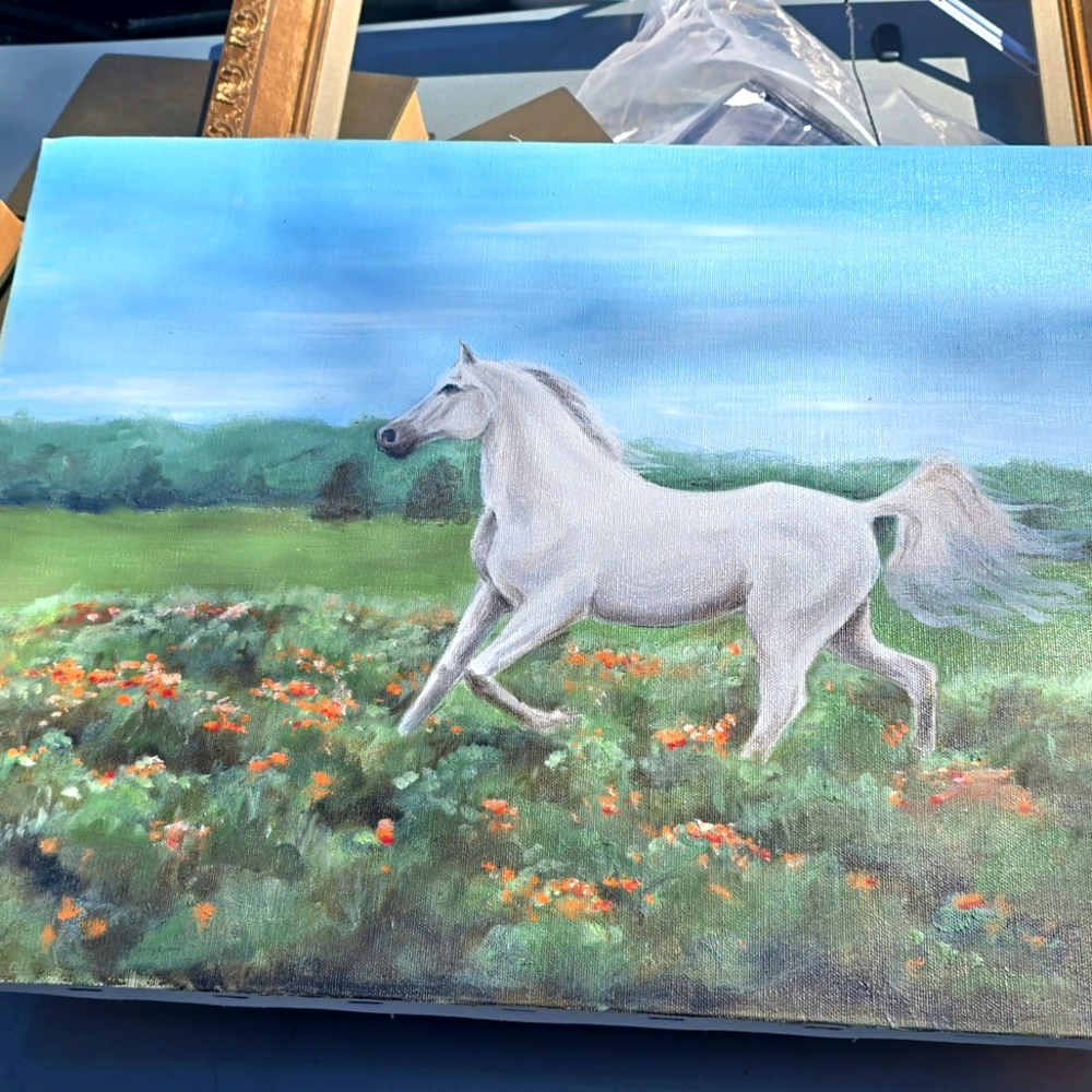 White Horse Original Painting On Canvas In Flowers Equine Fine Art 18 X 14"